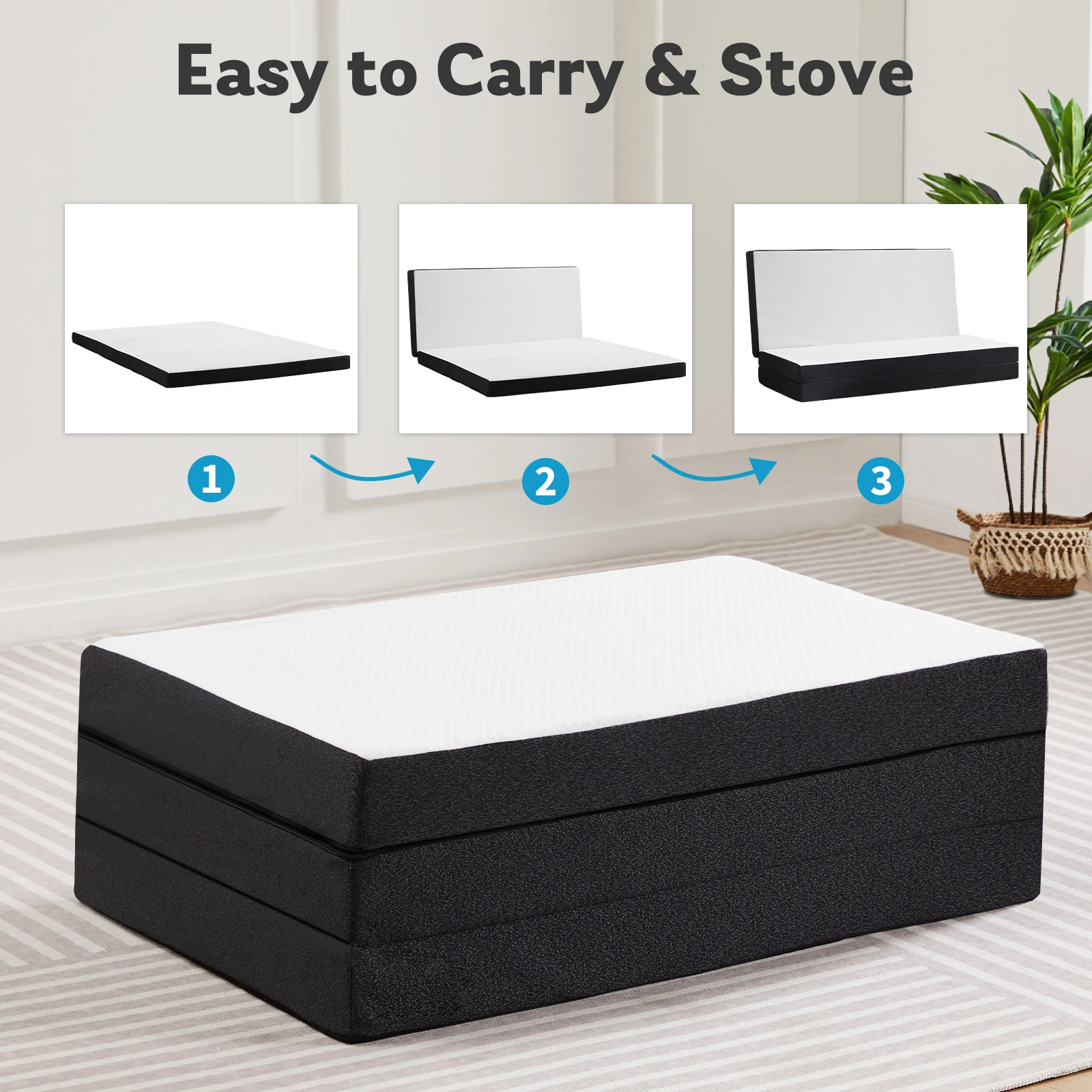 MCQ 3 Inch Tri-fold Mattress Portable Bed Pad Foldable Collapsible and Washable Cover with CertiPUR-US Certified for Home