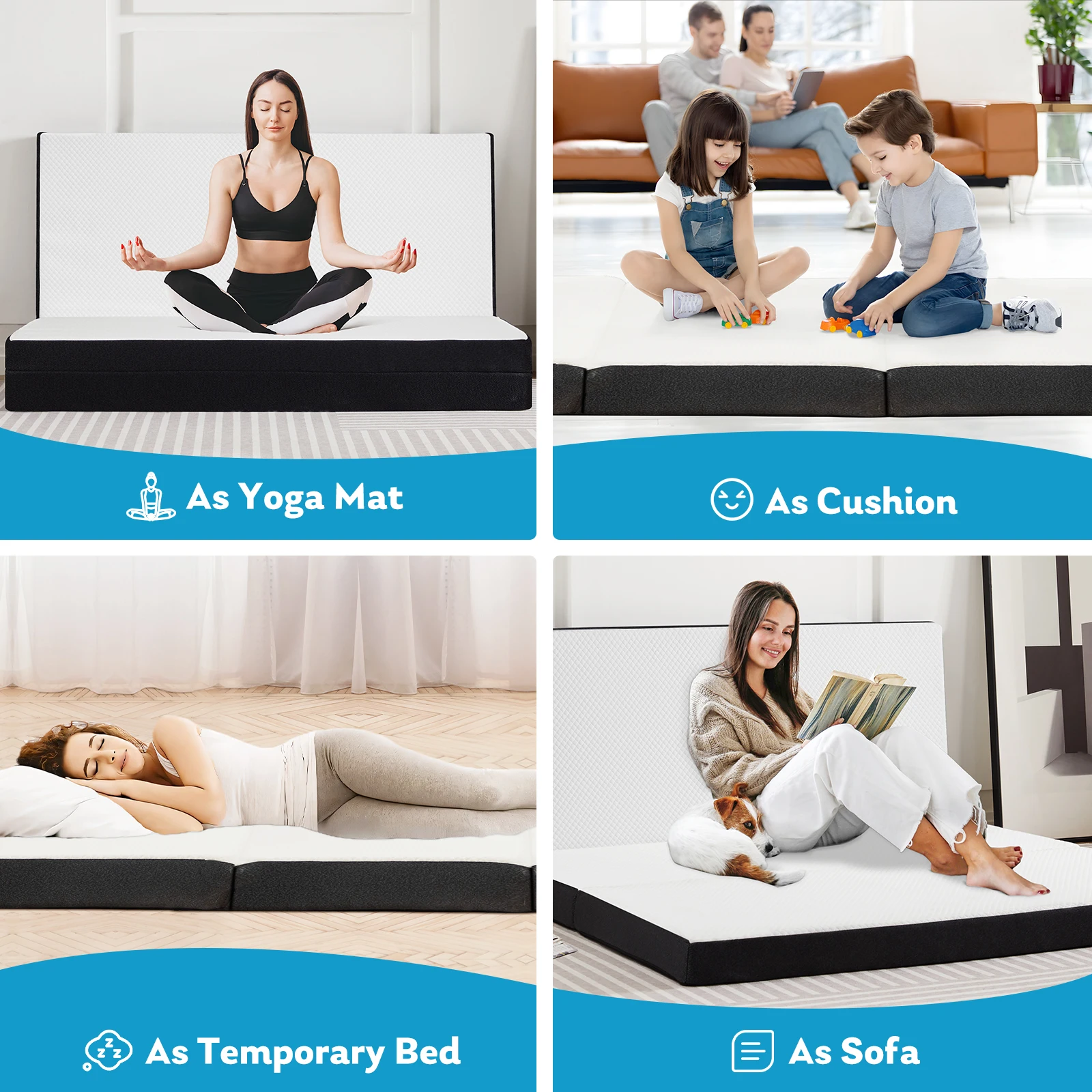 MCQ 3 Inch Tri-fold Mattress Portable Bed Pad Foldable Collapsible and Washable Cover with CertiPUR-US Certified for Home