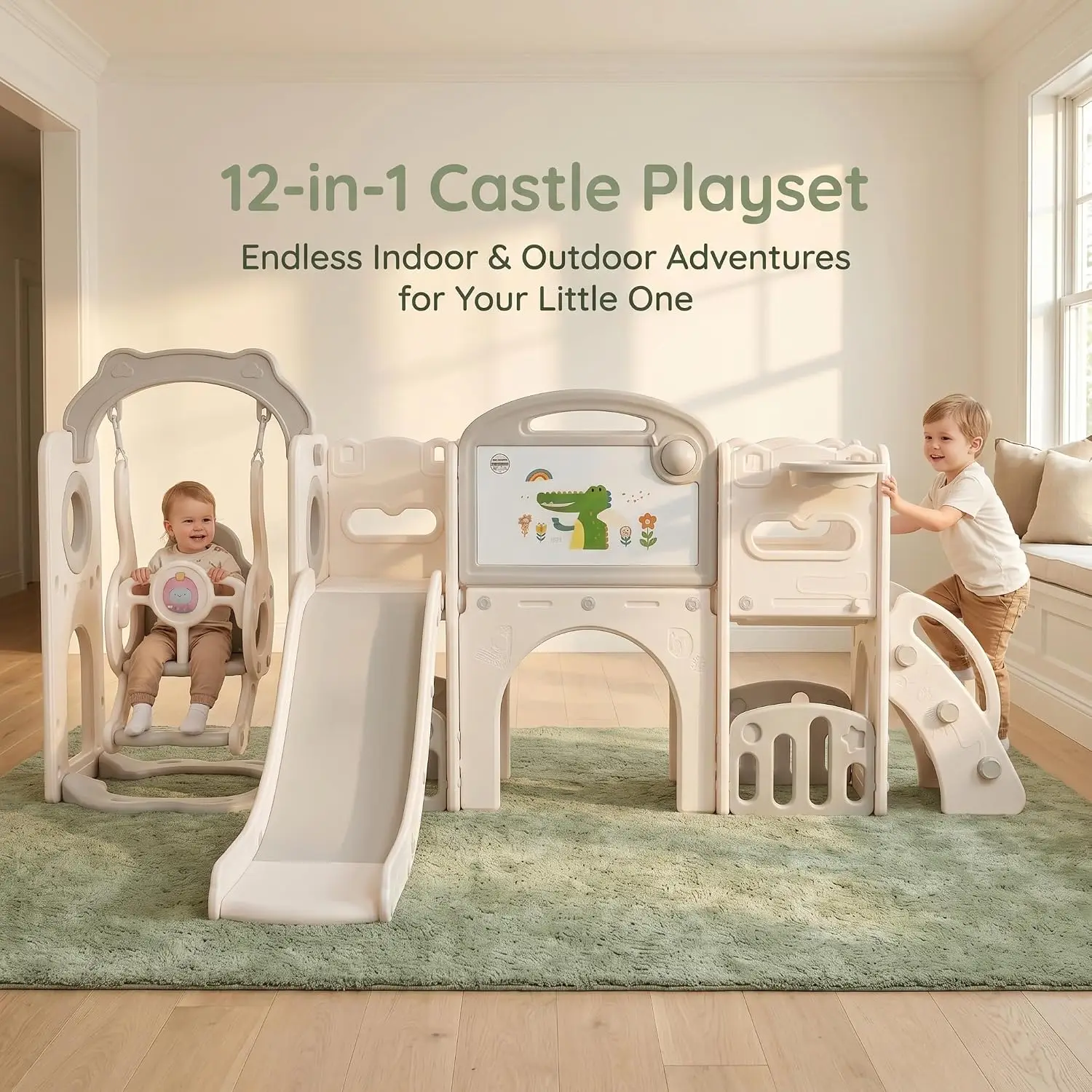 12-in-1 Toddler Playground Gym Playset | Indoor Outdoor Swing Set with Slide, Climber, Basketball Hoop & Drawing Board, in White