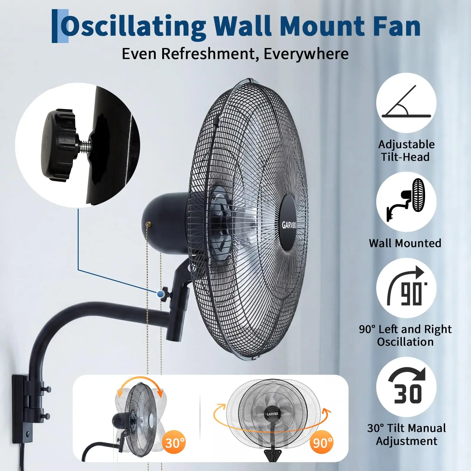 High Velocity Oscillating Wall Mount Fan, 3500 CFM 3-Speed Heavy Duty Industrial Shop Fan with 90° Oscillation & 30° Adjustable