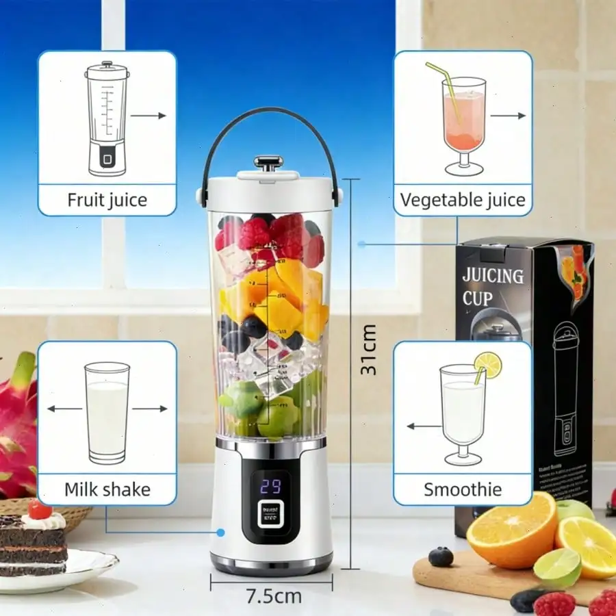 2 Colors Gorgeous Portable USB Charging Mini Blender and Juicer - 3 Modes, Digital Display, 12 Blades, 15 OZ, Easy to Clean, Sui