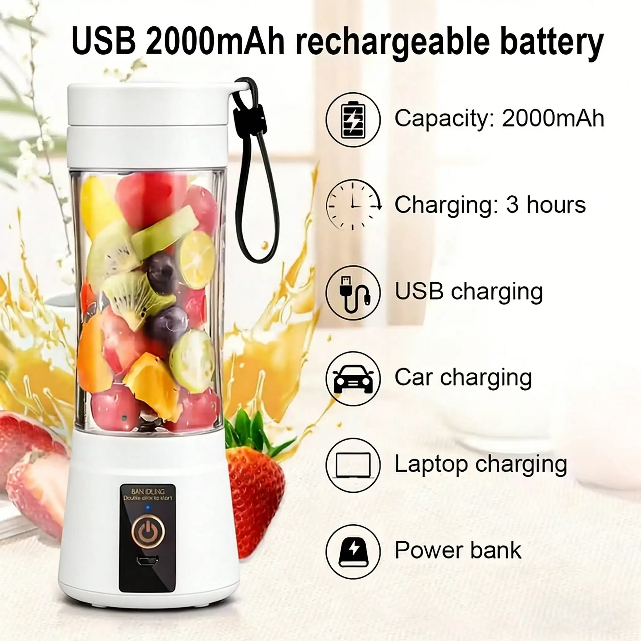 2 Colors Gorgeous Portable USB Charging Mini Blender and Juicer - 3 Modes, Digital Display, 12 Blades, 15 OZ, Easy to Clean, Sui