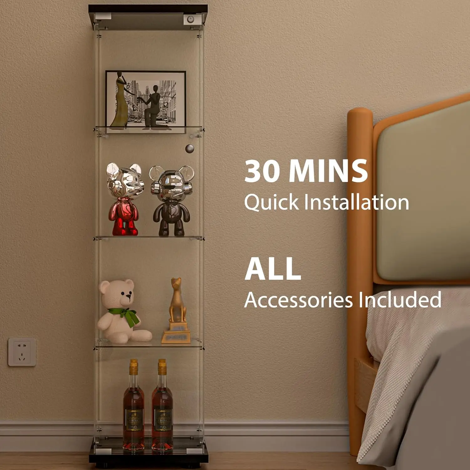 Glass Display Cabinet with Door and Lock, Quick-Install Style 4-Shelf Curio Cabinet 5mm Tempered Glass Floor Standing Bookshelf