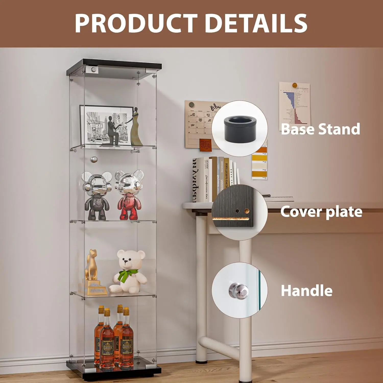 Glass Display Cabinet with Door and Lock, Quick-Install Style 4-Shelf Curio Cabinet 5mm Tempered Glass Floor Standing Bookshelf