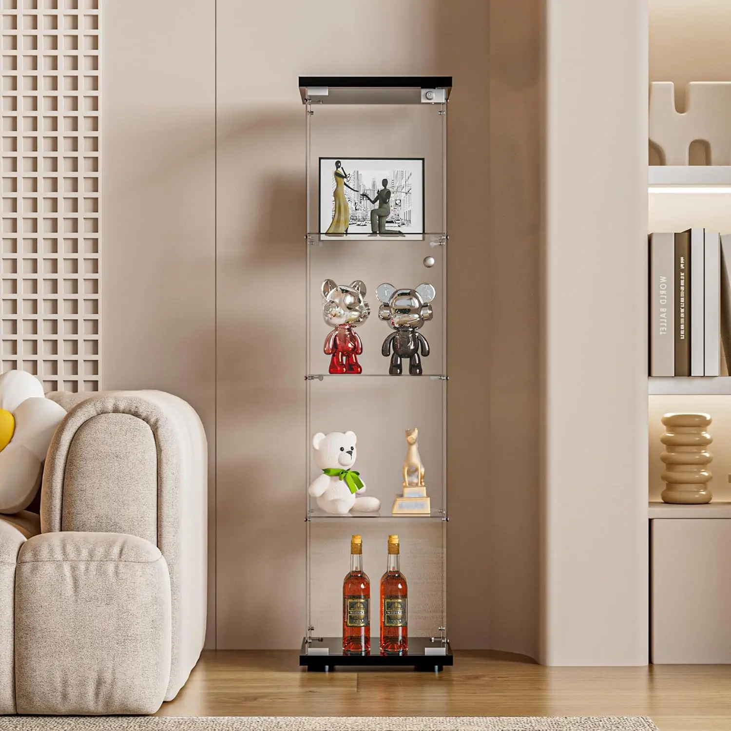Glass Display Cabinet with Door and Lock, Quick-Install Style 4-Shelf Curio Cabinet 5mm Tempered Glass Floor Standing Bookshelf