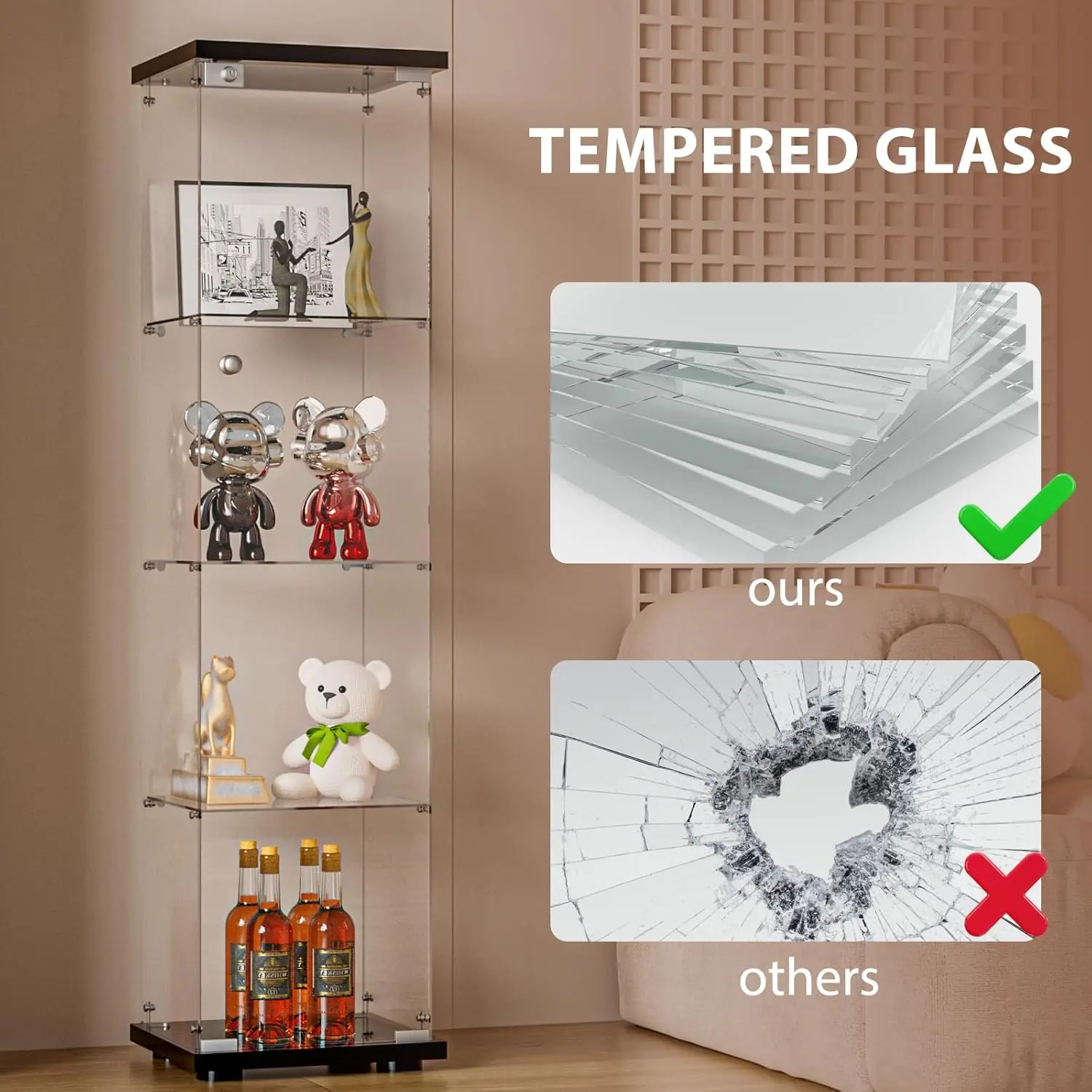 Glass Display Cabinet with Door and Lock, Quick-Install Style 4-Shelf Curio Cabinet 5mm Tempered Glass Floor Standing Bookshelf