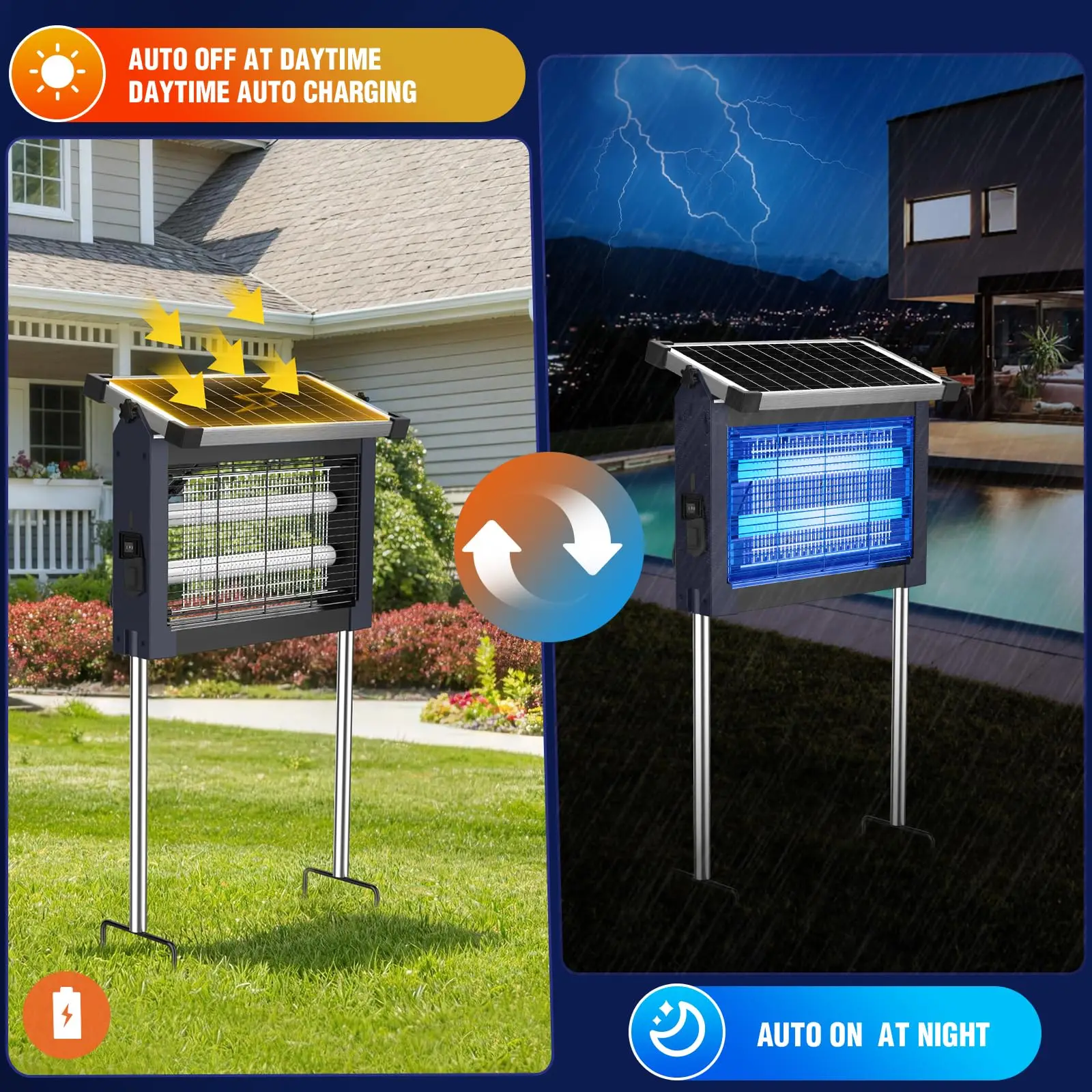 Solar Bug Zapper Outdoor Waterproof, 4500V High Power Cordless Mosquito Zapper, Dual Solar & USB Rechargeable for Patio Garden