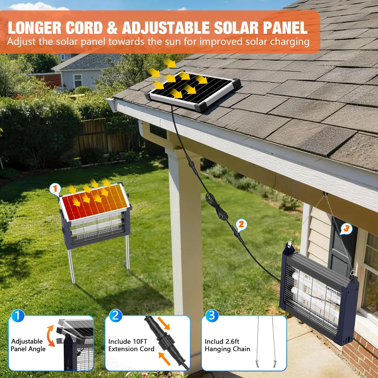 Solar Bug Zapper Outdoor Waterproof, 4500V High Power Cordless Mosquito Zapper, Dual Solar & USB Rechargeable for Patio Garden