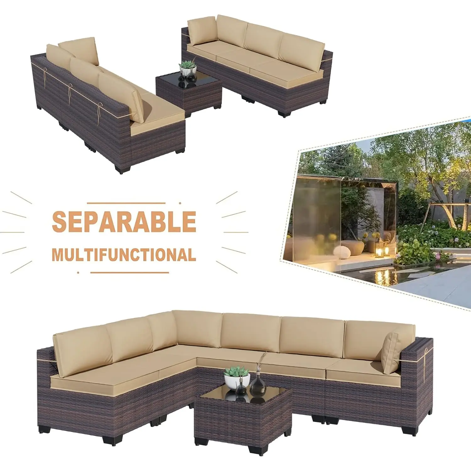 7 Pieces Outdoor Patio Furniture Set,Sectional Rattan Sofa Set Brown PE Rattan Wicker Patio Conversation Set with, Custom