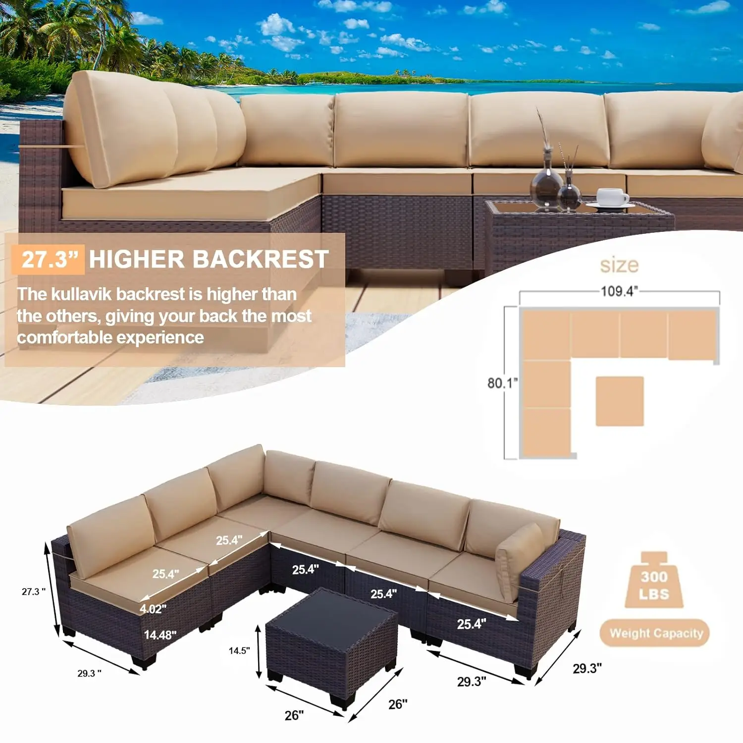 7 Pieces Outdoor Patio Furniture Set,Sectional Rattan Sofa Set Brown PE Rattan Wicker Patio Conversation Set with, Custom