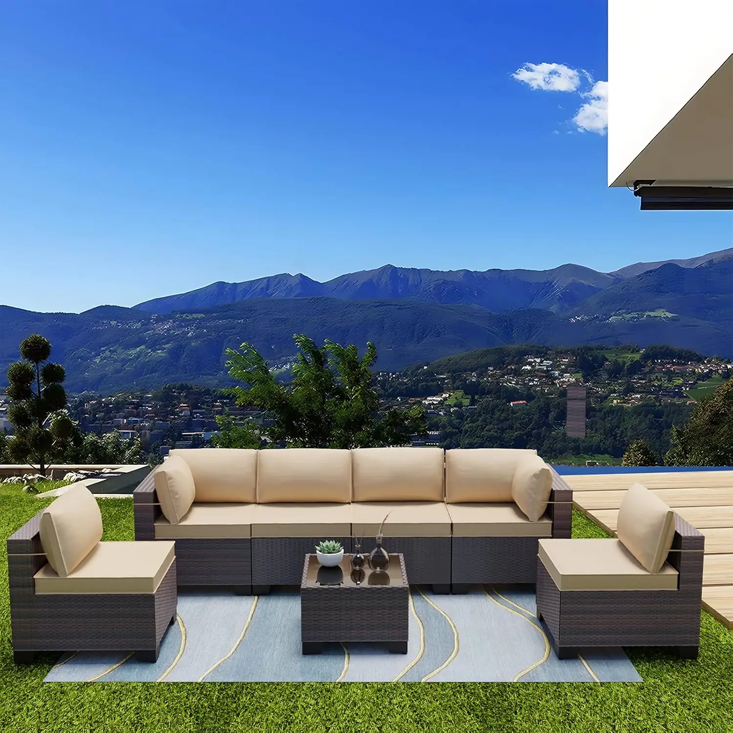 7 Pieces Outdoor Patio Furniture Set,Sectional Rattan Sofa Set Brown PE Rattan Wicker Patio Conversation Set with, Custom