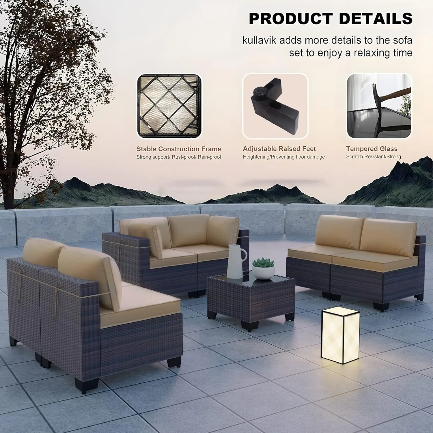 7 Pieces Outdoor Patio Furniture Set,Sectional Rattan Sofa Set Brown PE Rattan Wicker Patio Conversation Set with, Custom