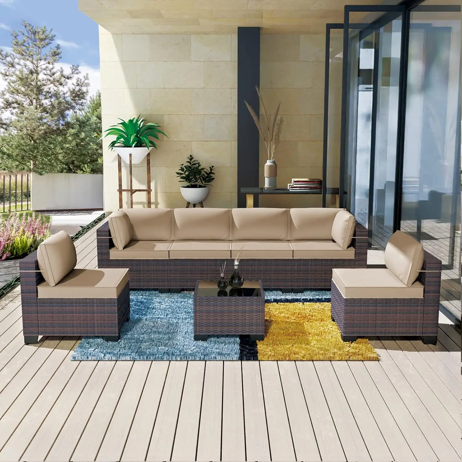 7 Pieces Outdoor Patio Furniture Set,Sectional Rattan Sofa Set Brown PE Rattan Wicker Patio Conversation Set with, Custom