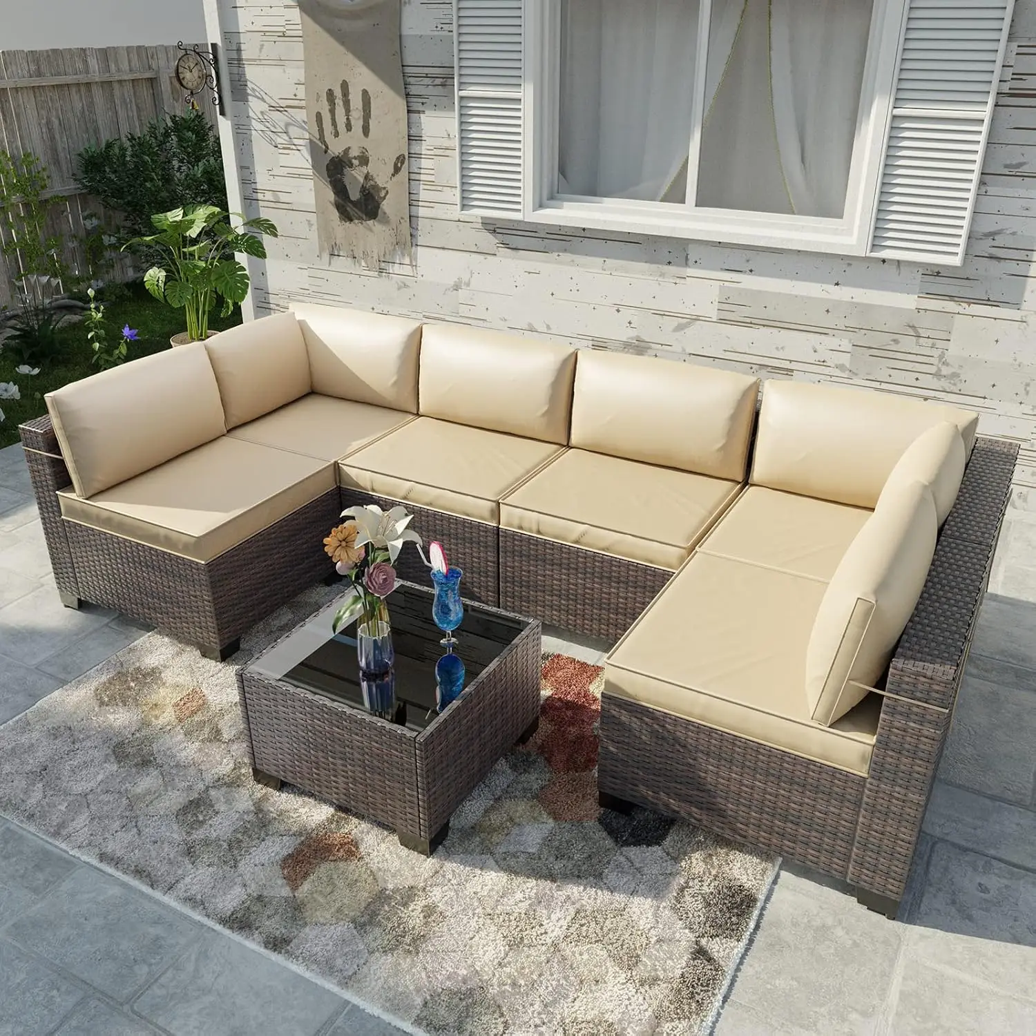 7 Pieces Outdoor Patio Furniture Set,Sectional Rattan Sofa Set Brown PE Rattan Wicker Patio Conversation Set with, Custom