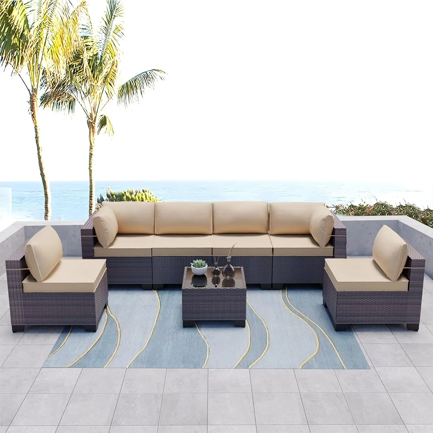 7 Pieces Outdoor Patio Furniture Set,Sectional Rattan Sofa Set Brown PE Rattan Wicker Patio Conversation Set with, Custom