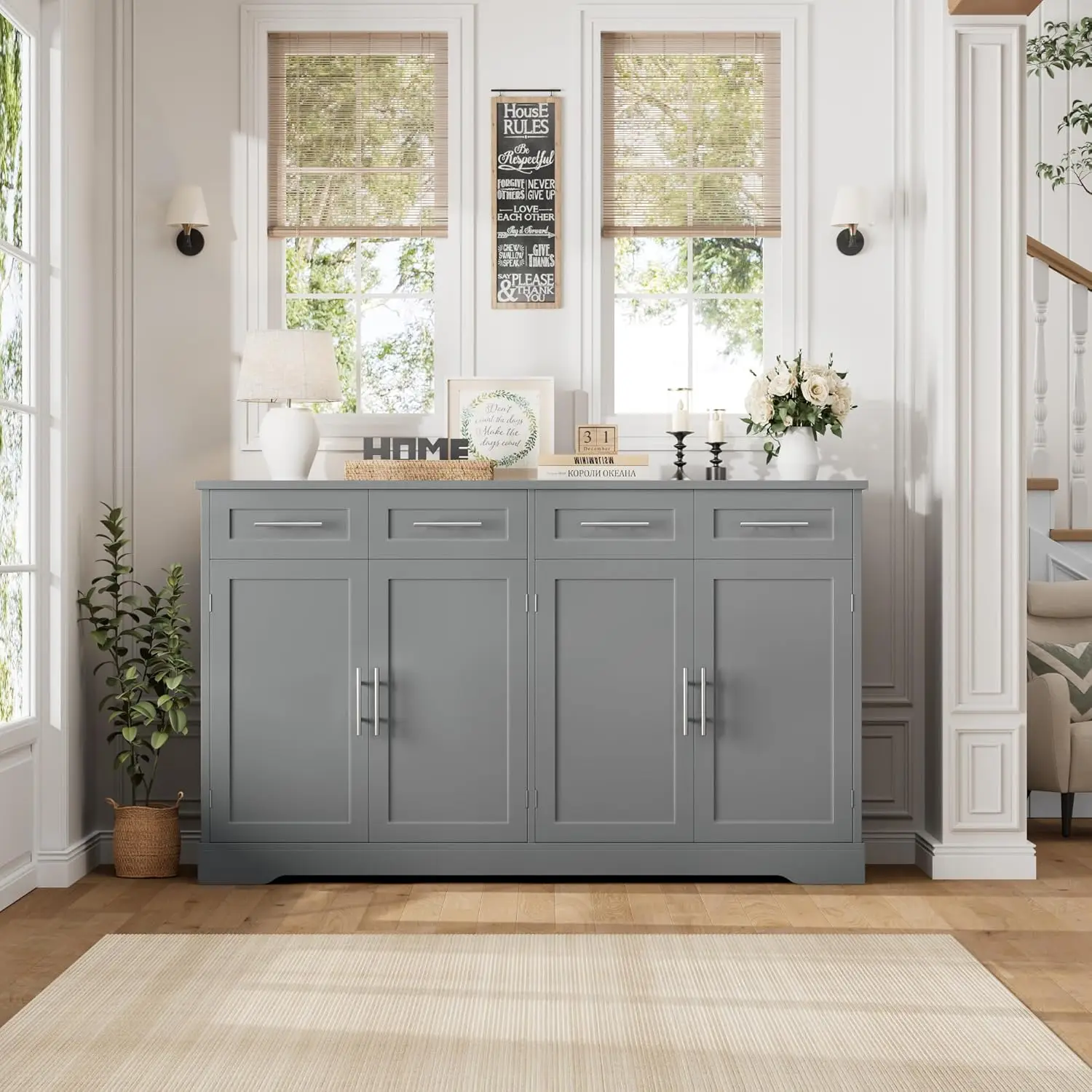 60" Large Buffet Sideboard with Storage, 36" Tall Kitchen Buffet Storage Cabinet with 4 Drawers, Modern Coffee Bar, Customized