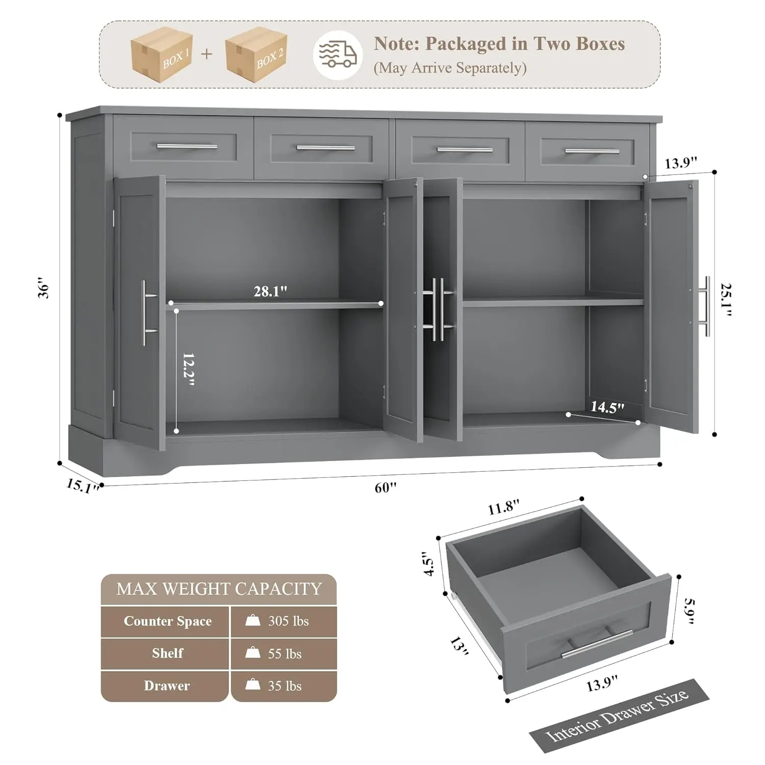 60" Large Buffet Sideboard with Storage, 36" Tall Kitchen Buffet Storage Cabinet with 4 Drawers, Modern Coffee Bar, Customized