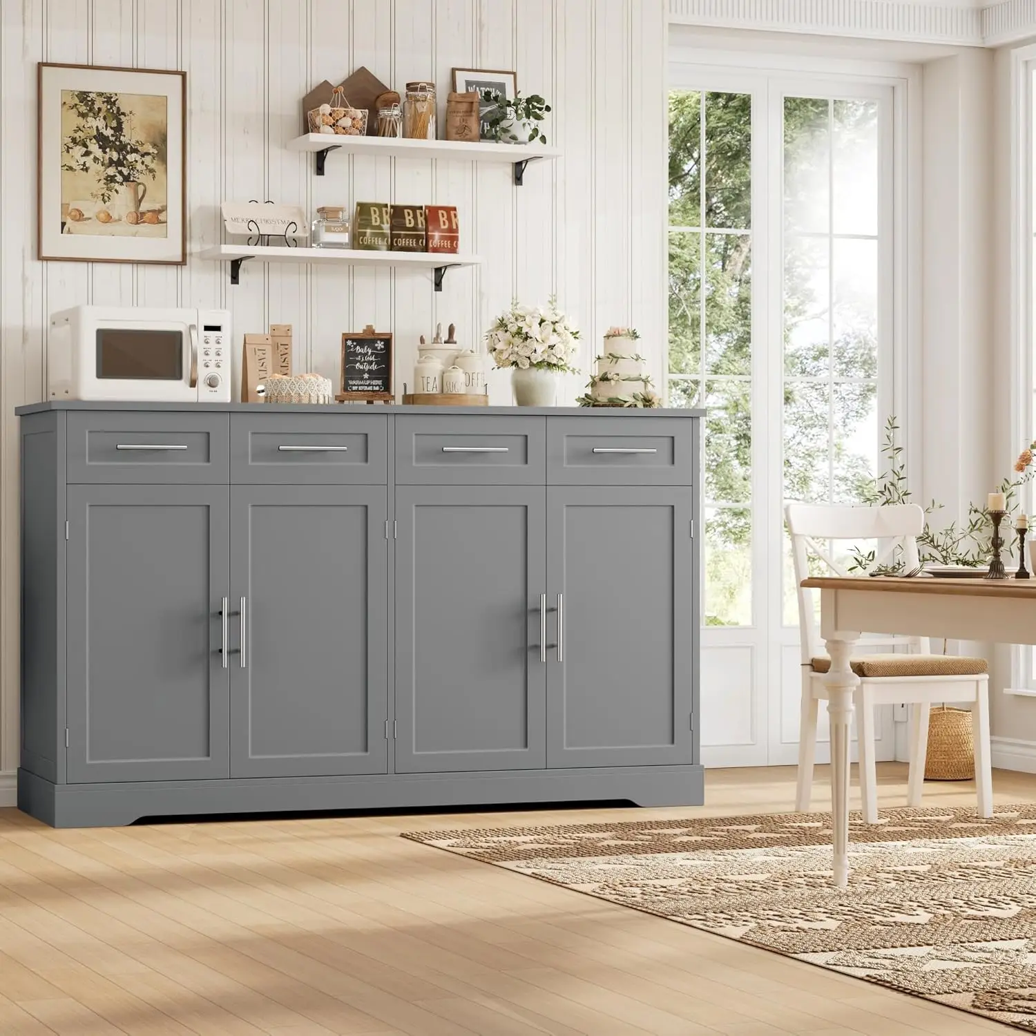 60" Large Buffet Sideboard with Storage, 36" Tall Kitchen Buffet Storage Cabinet with 4 Drawers, Modern Coffee Bar, Customized