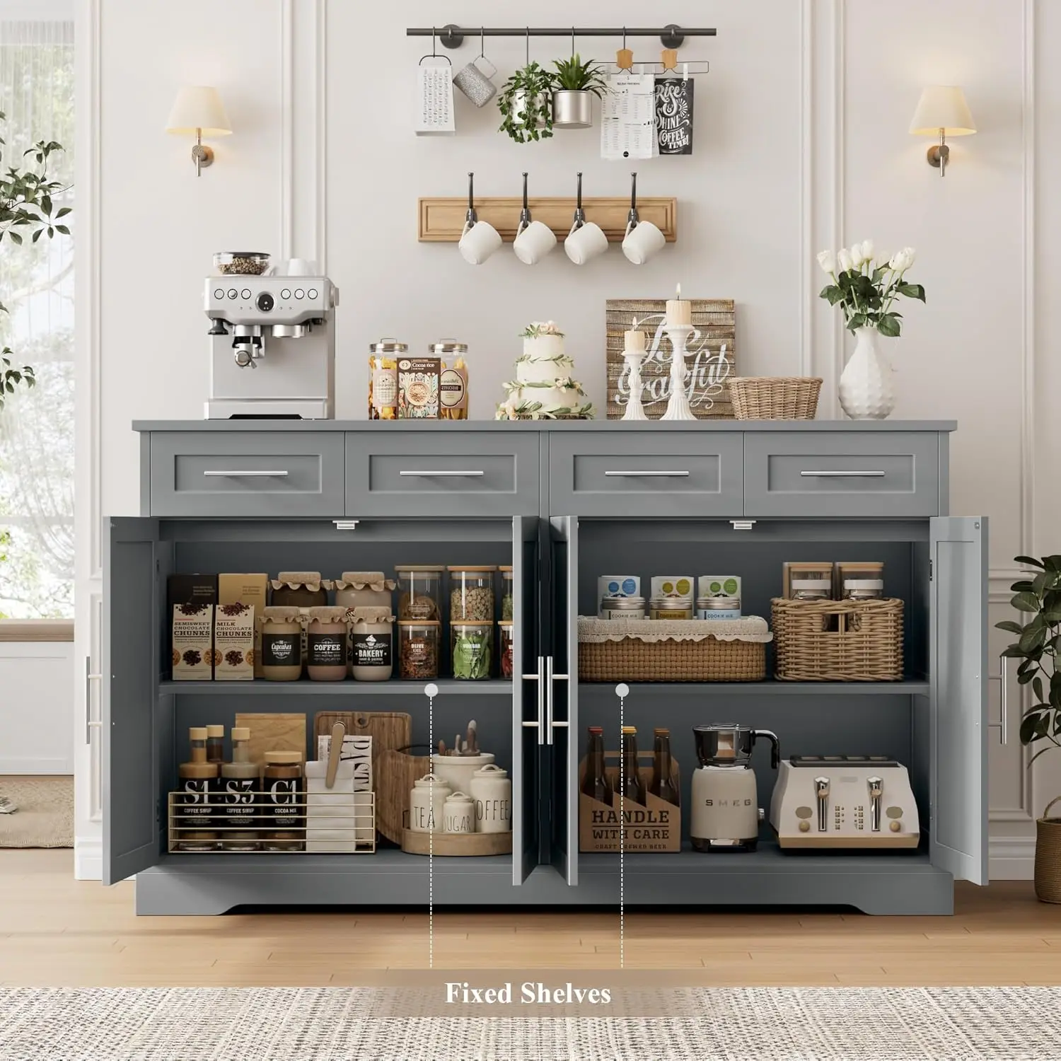60" Large Buffet Sideboard with Storage, 36" Tall Kitchen Buffet Storage Cabinet with 4 Drawers, Modern Coffee Bar, Customized