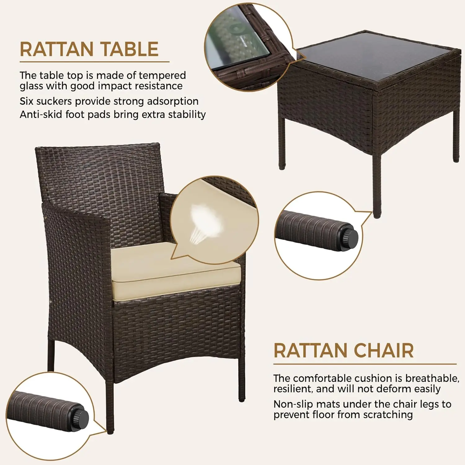 3-Piece Patio Set: PE Rattan Chairs, Cushions & Glass Table, Custom