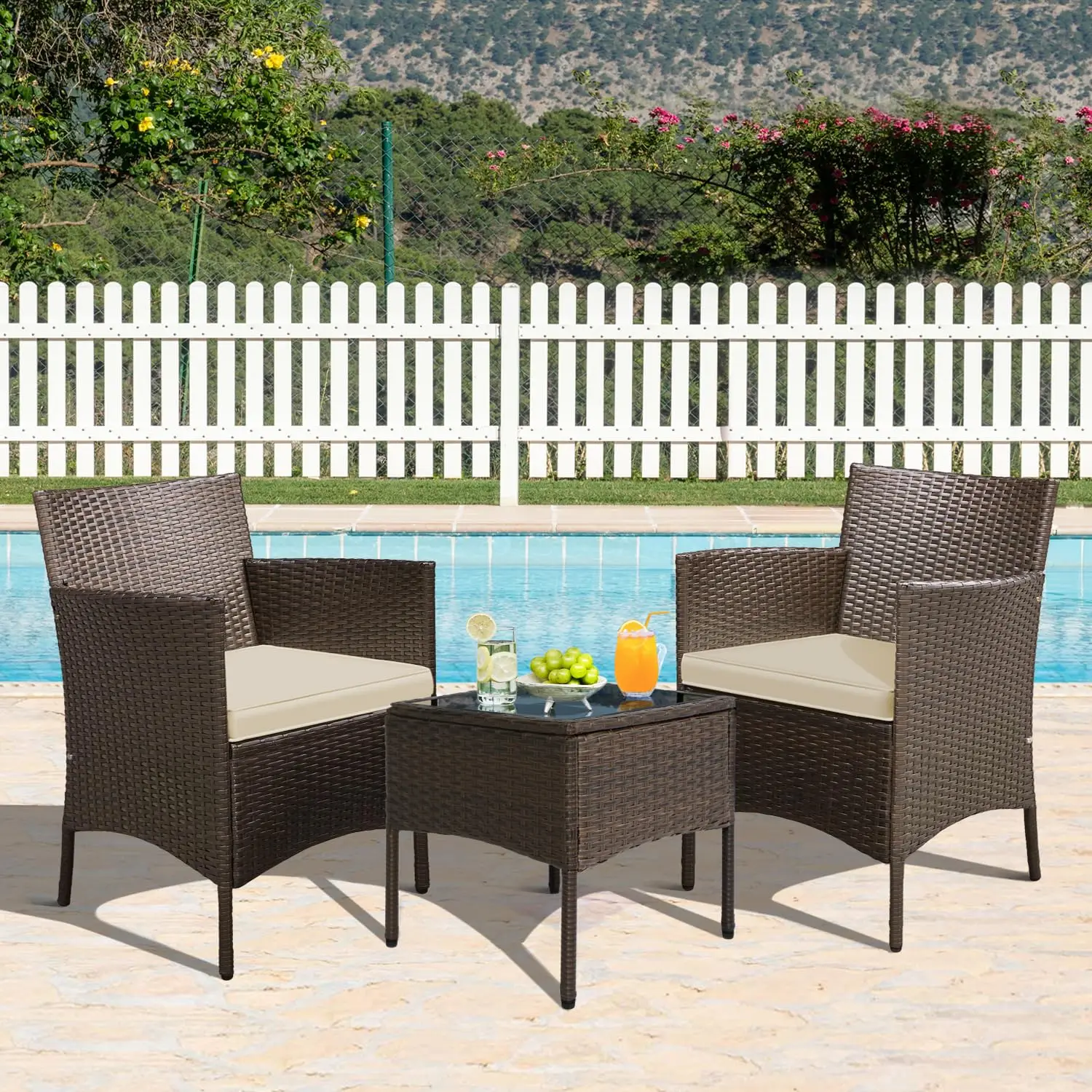 3-Piece Patio Set: PE Rattan Chairs, Cushions & Glass Table, Custom