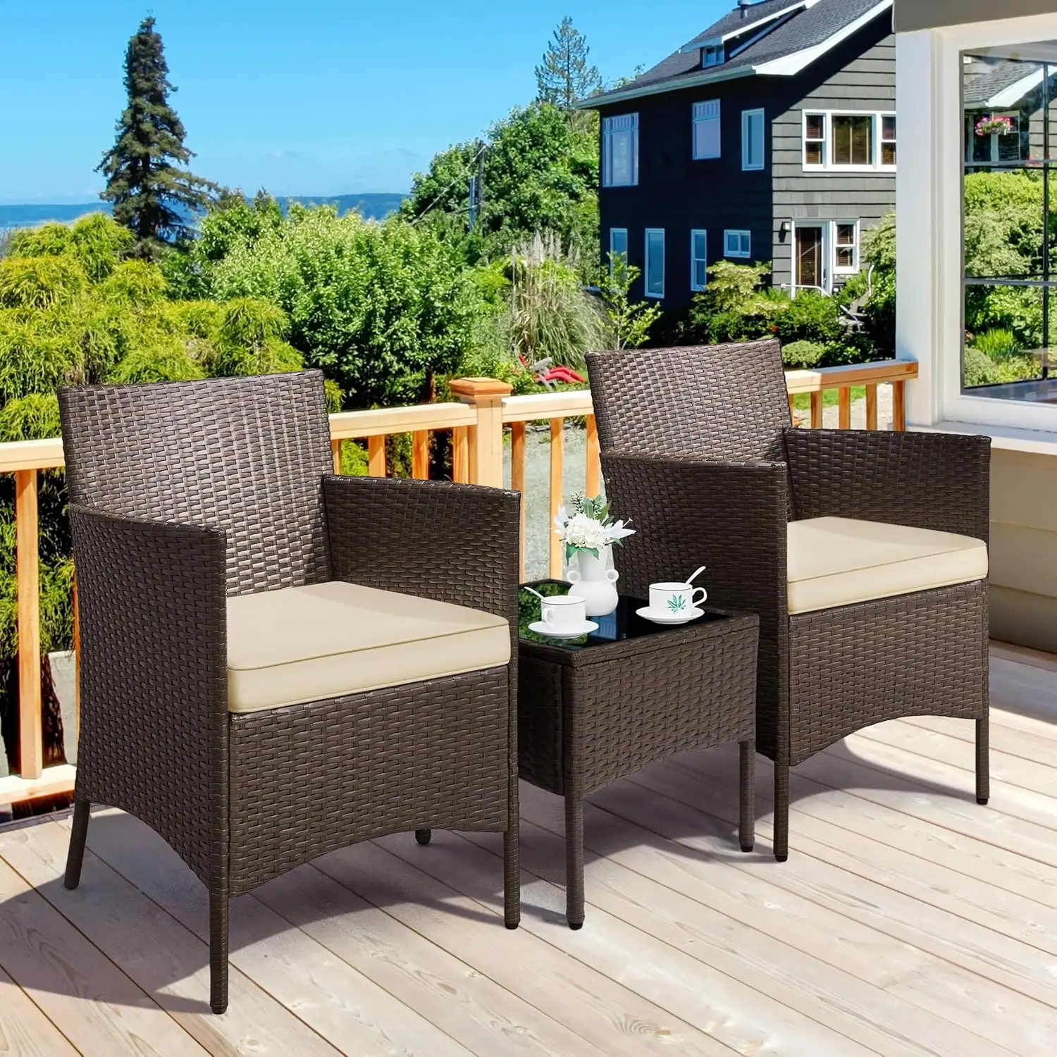 3-Piece Patio Set: PE Rattan Chairs, Cushions & Glass Table, Custom