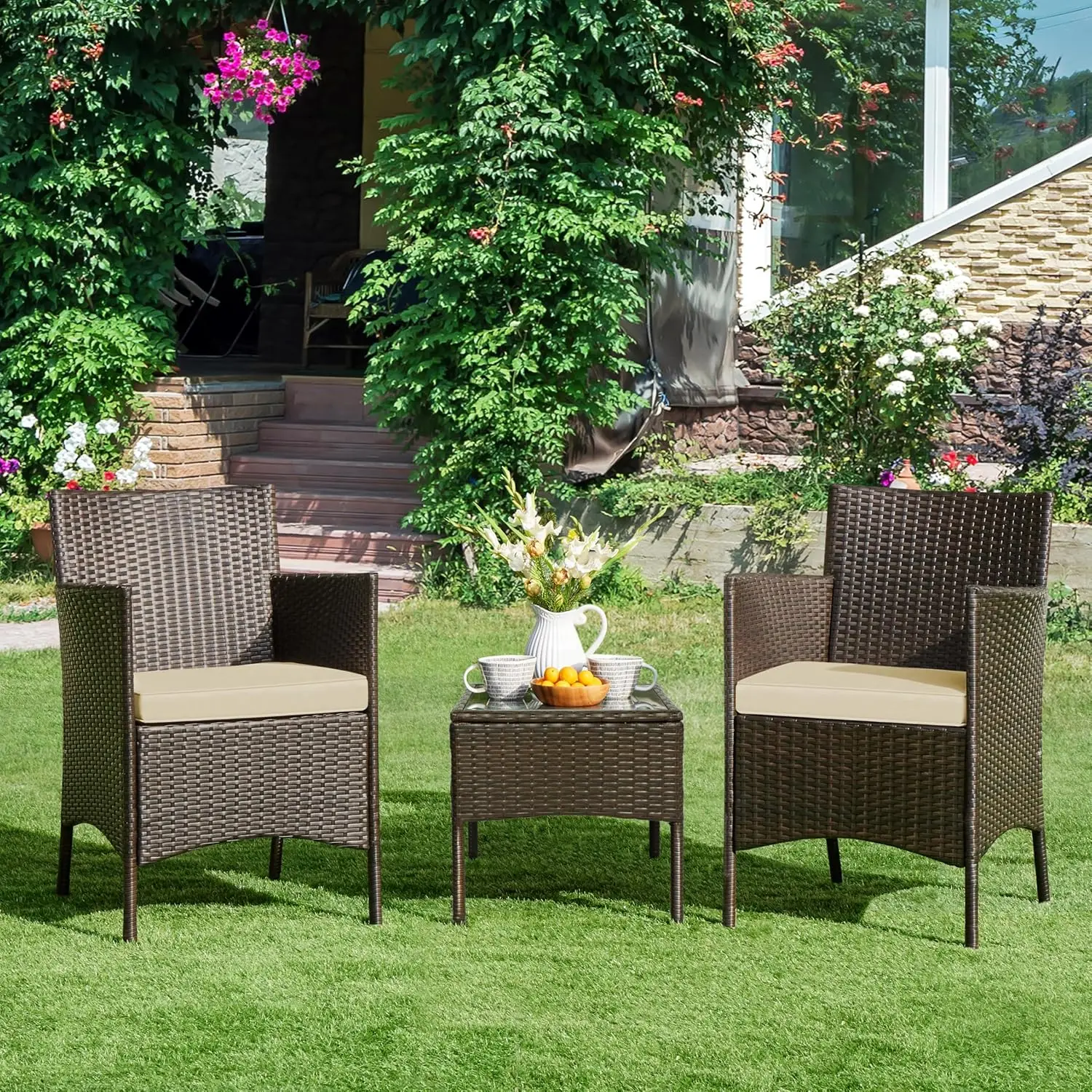 3-Piece Patio Set: PE Rattan Chairs, Cushions & Glass Table, Custom