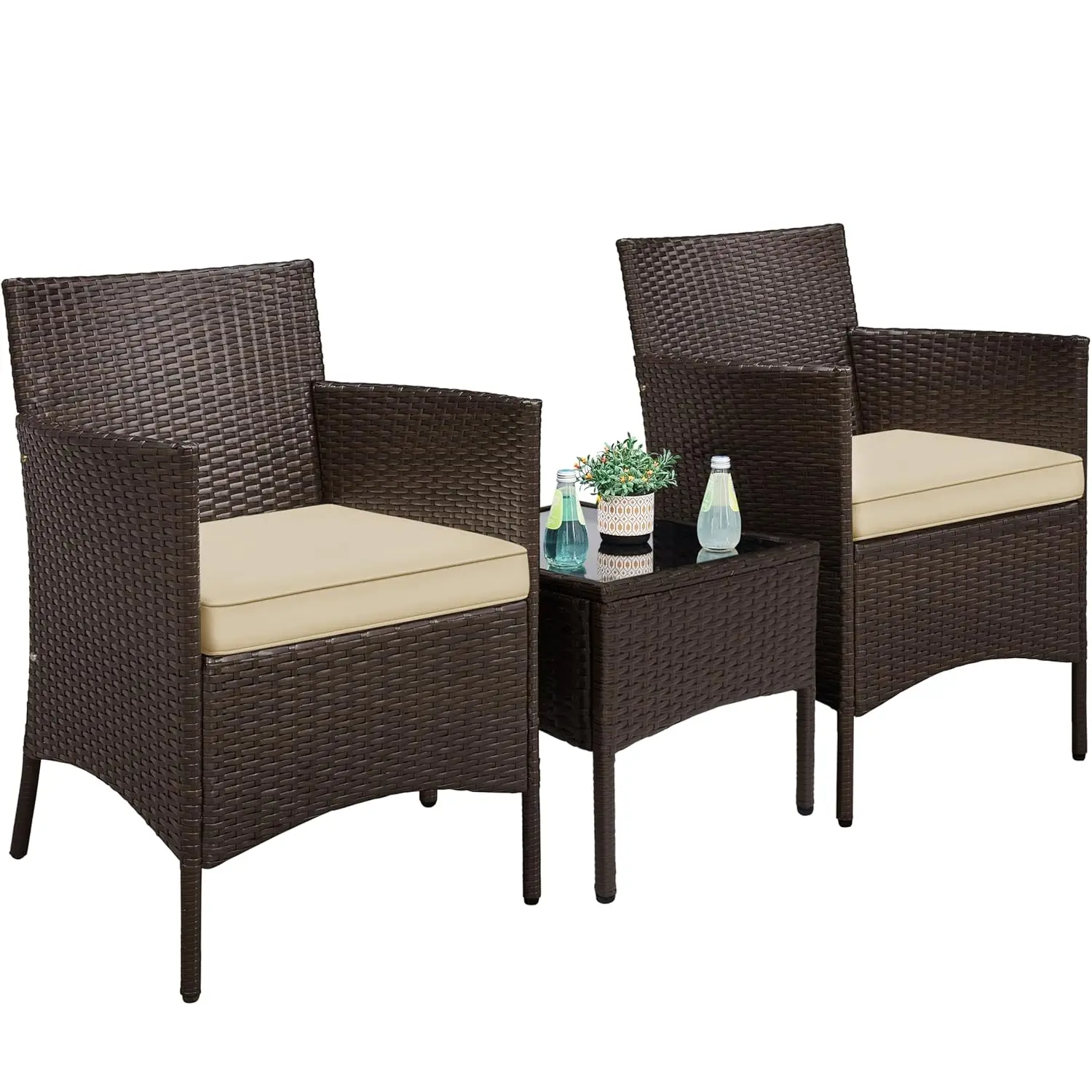 3-Piece Patio Set: PE Rattan Chairs, Cushions & Glass Table, Custom