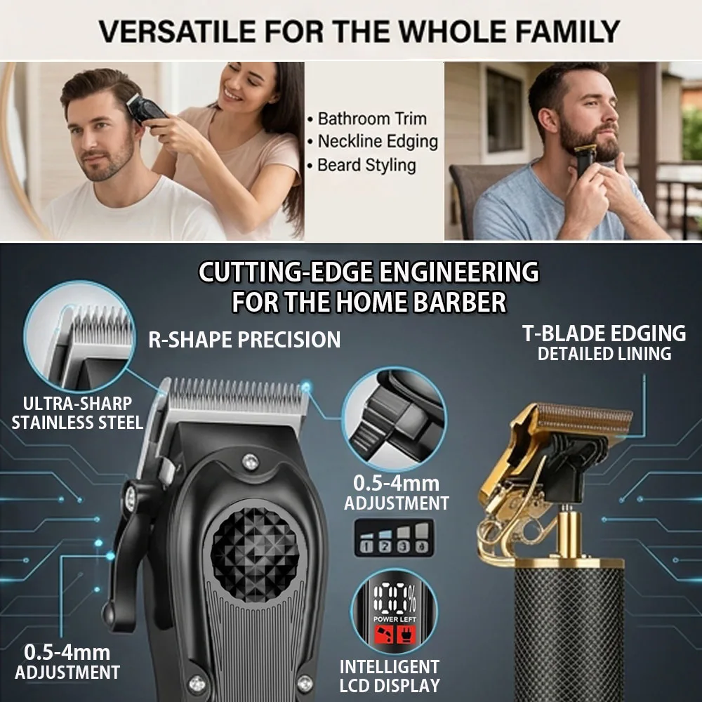 Professional Hair Clippers with LED Display, Cordless Rechargeable Trimmer & T-Blade Shaver for Men, Balding Grooming Kit