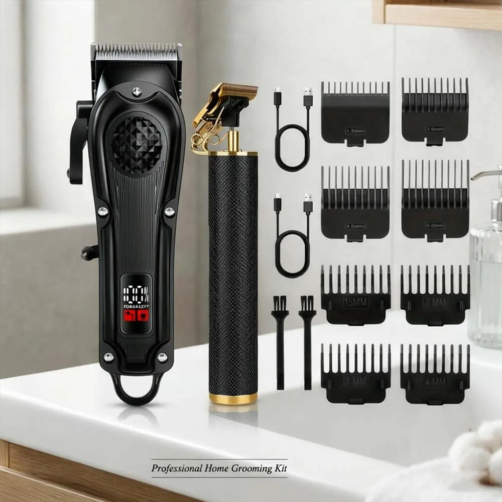 Professional Hair Clippers with LED Display, Cordless Rechargeable Trimmer & T-Blade Shaver for Men, Balding Grooming Kit