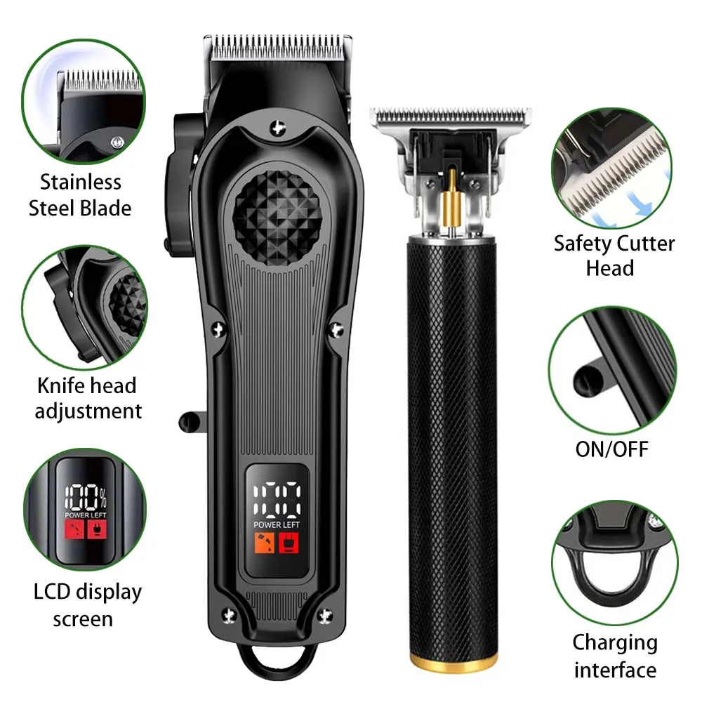 Professional Hair Clippers with LED Display, Cordless Rechargeable Trimmer & T-Blade Shaver for Men, Balding Grooming Kit