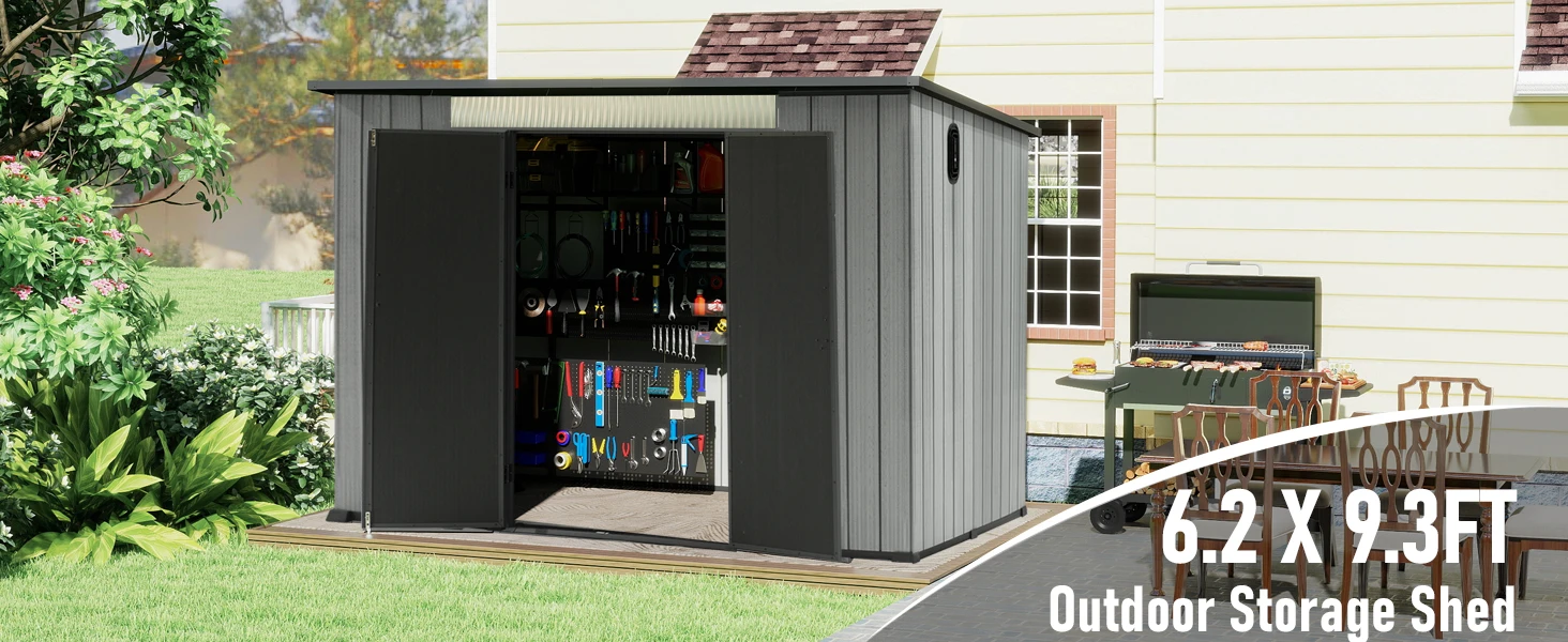 6.2x9.3 FT Outdoor Resin Storage Shed, All-Weather Double-Wall Storage Building with Sloping Roof,Lockable Doors,Ventilated Roof