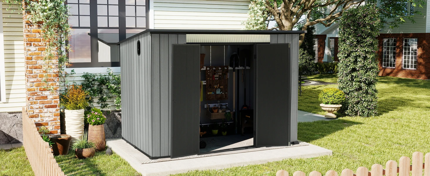 6.2x9.3 FT Outdoor Resin Storage Shed, All-Weather Double-Wall Storage Building with Sloping Roof,Lockable Doors,Ventilated Roof