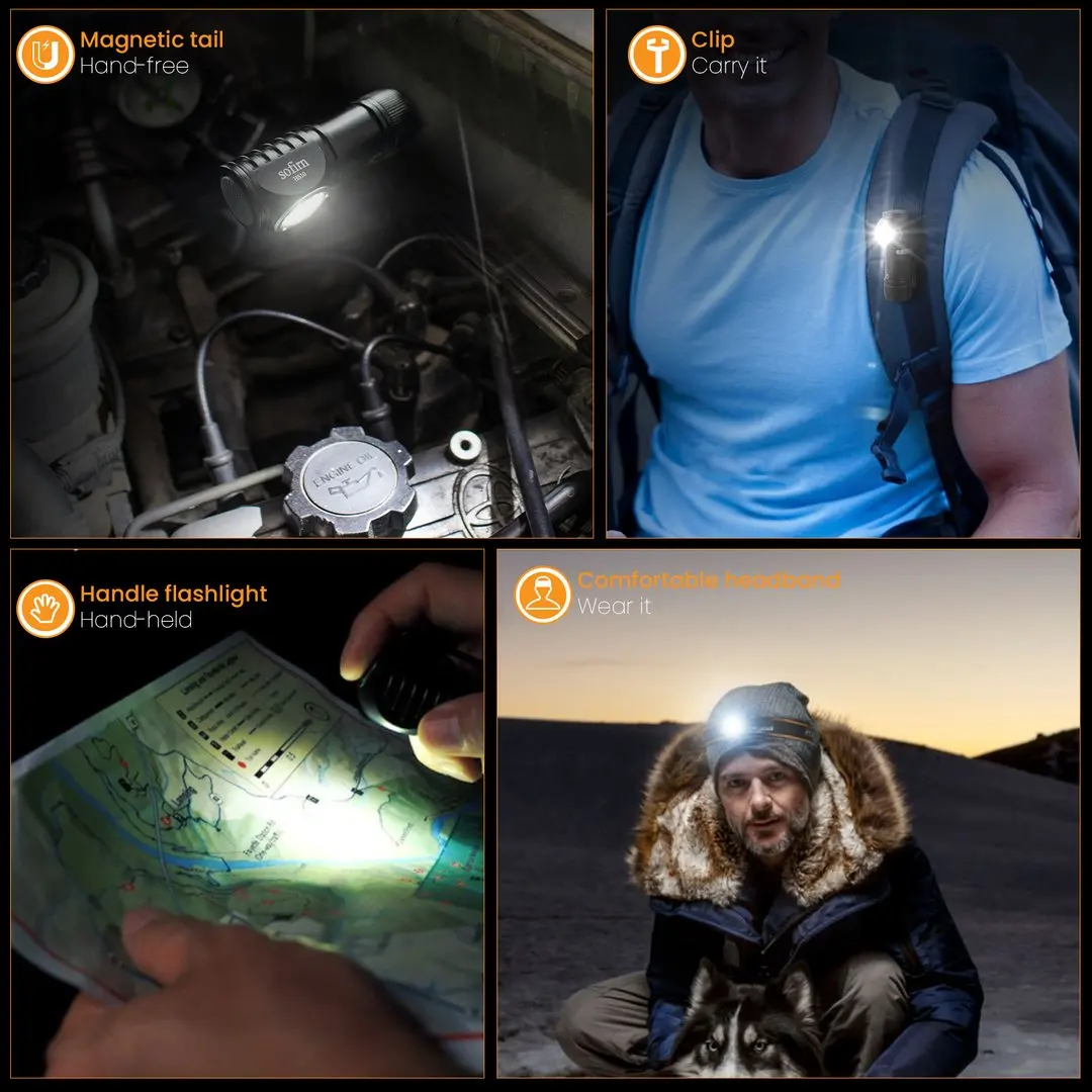 SOFIRN HS10 Headlamp 90CRI LED 1100lm USB C Rechargeable 16340 Mini Flashlight with Magnet Tail Cap Portable Head Torch