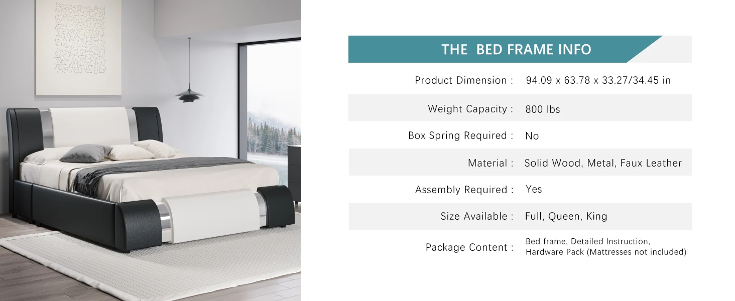 HOOMIC Modern Faux Leather Bed Frame with Iron Pieces Decor, Low Profile Platform Bed with Height-Adjustable Headboard