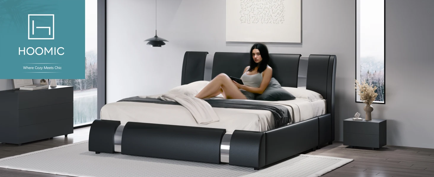 HOOMIC Modern Faux Leather Bed Frame with Iron Pieces Decor, Low Profile Platform Bed with Height-Adjustable Headboard