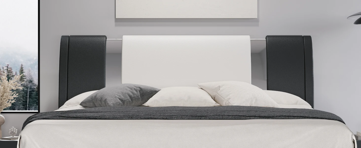 HOOMIC Modern Faux Leather Bed Frame with Iron Pieces Decor, Low Profile Platform Bed with Height-Adjustable Headboard