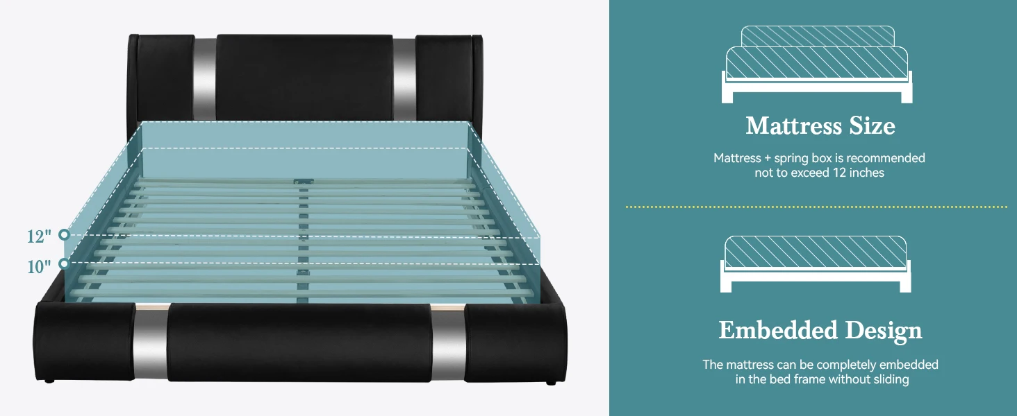 HOOMIC Modern Faux Leather Bed Frame with Iron Pieces Decor, Low Profile Platform Bed with Height-Adjustable Headboard