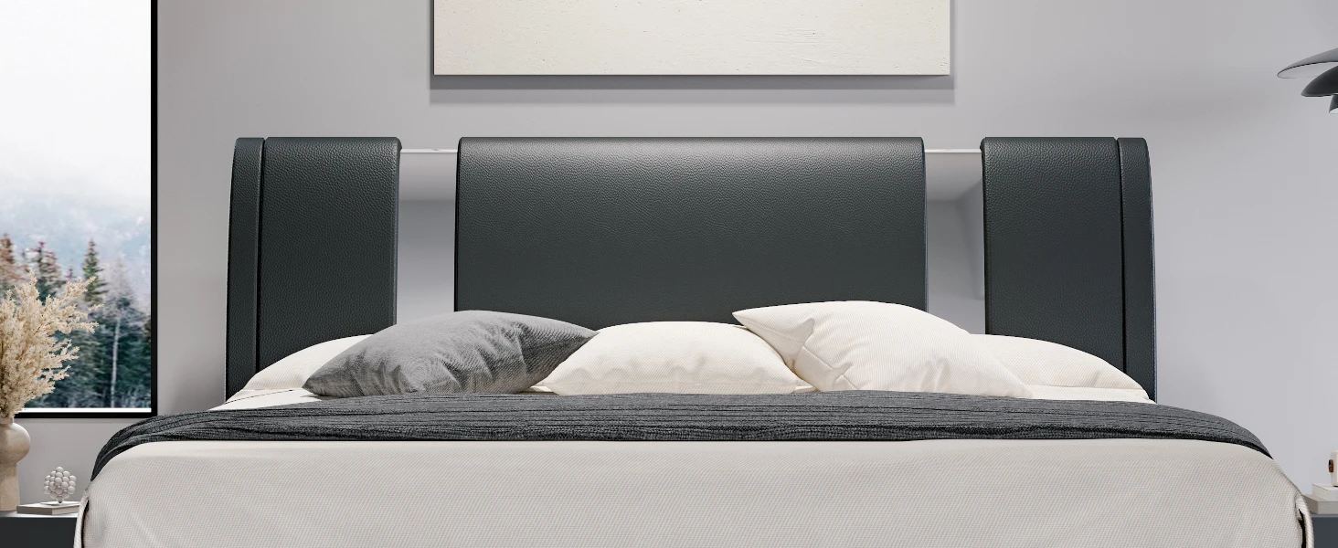 HOOMIC Modern Faux Leather Bed Frame with Iron Pieces Decor, Low Profile Platform Bed with Height-Adjustable Headboard