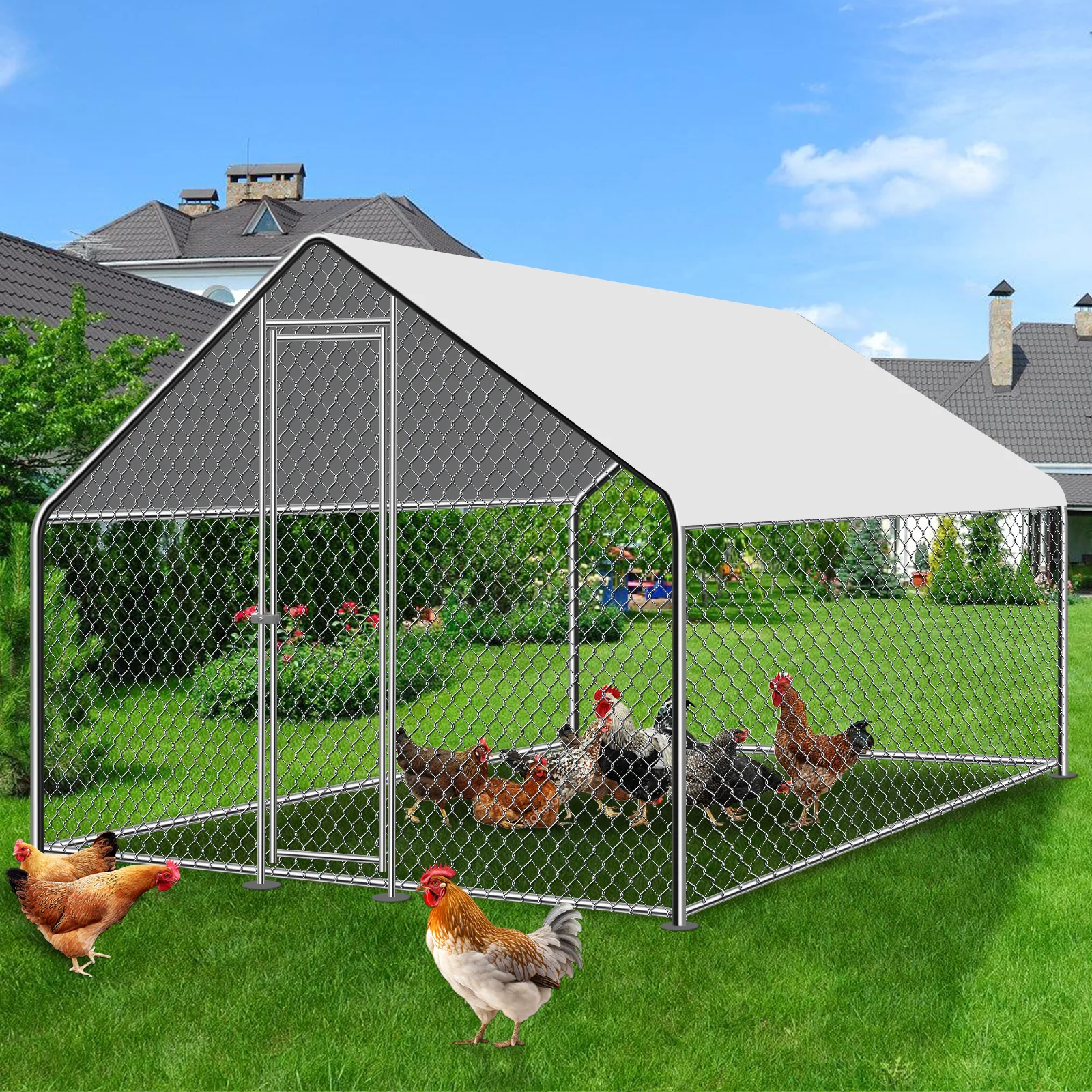 10/13/20ft Large Metal Chicken Coop Walk-In Run with Peaked Roof, Outdoor Poultry Cage Hen House for Farm Backyard