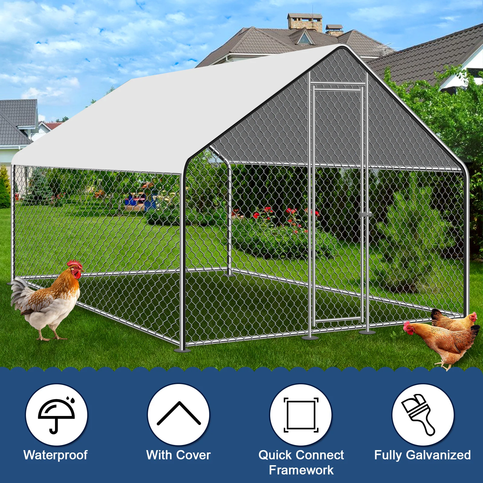 10/13/20ft Large Metal Chicken Coop Walk-In Run with Peaked Roof, Outdoor Poultry Cage Hen House for Farm Backyard