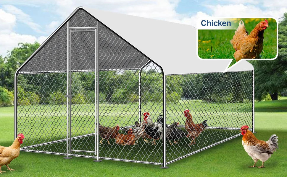 10/13/20ft Large Metal Chicken Coop Walk-In Run with Peaked Roof, Outdoor Poultry Cage Hen House for Farm Backyard