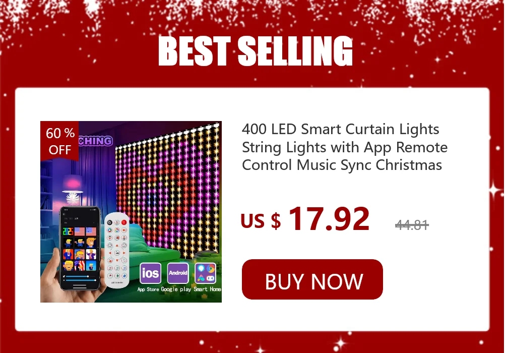 400 LED Smart Curtain Lights String Lights with App Remote Control Music Sync Christmas Curtain String Outdoor Fairy Lights