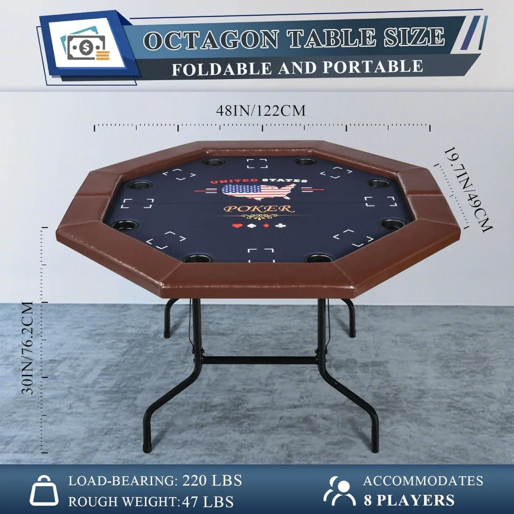 Poker Table Foldable, 8 Player Octagon Folding Portable Card Table with Padded Rail, 8 Deep Metal Cup Holders & Casino-Grade