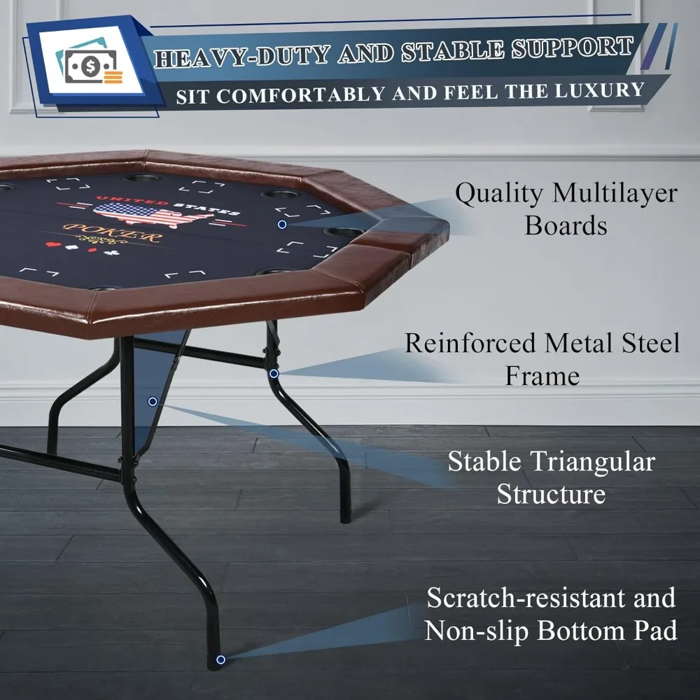 Poker Table Foldable, 8 Player Octagon Folding Portable Card Table with Padded Rail, 8 Deep Metal Cup Holders & Casino-Grade