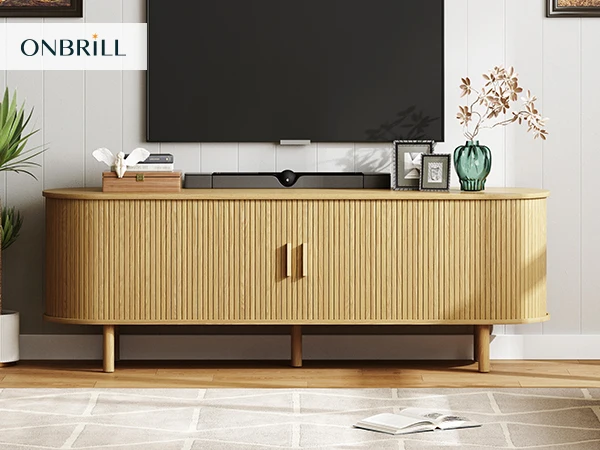 TV Stand Living Room Furniture with Power Outlet for TVs up to 60/70",TV Table with Sliding Doors Storage Adjustable Shelves