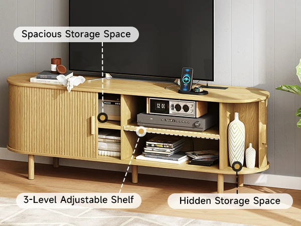 TV Stand Living Room Furniture with Power Outlet for TVs up to 60/70",TV Table with Sliding Doors Storage Adjustable Shelves