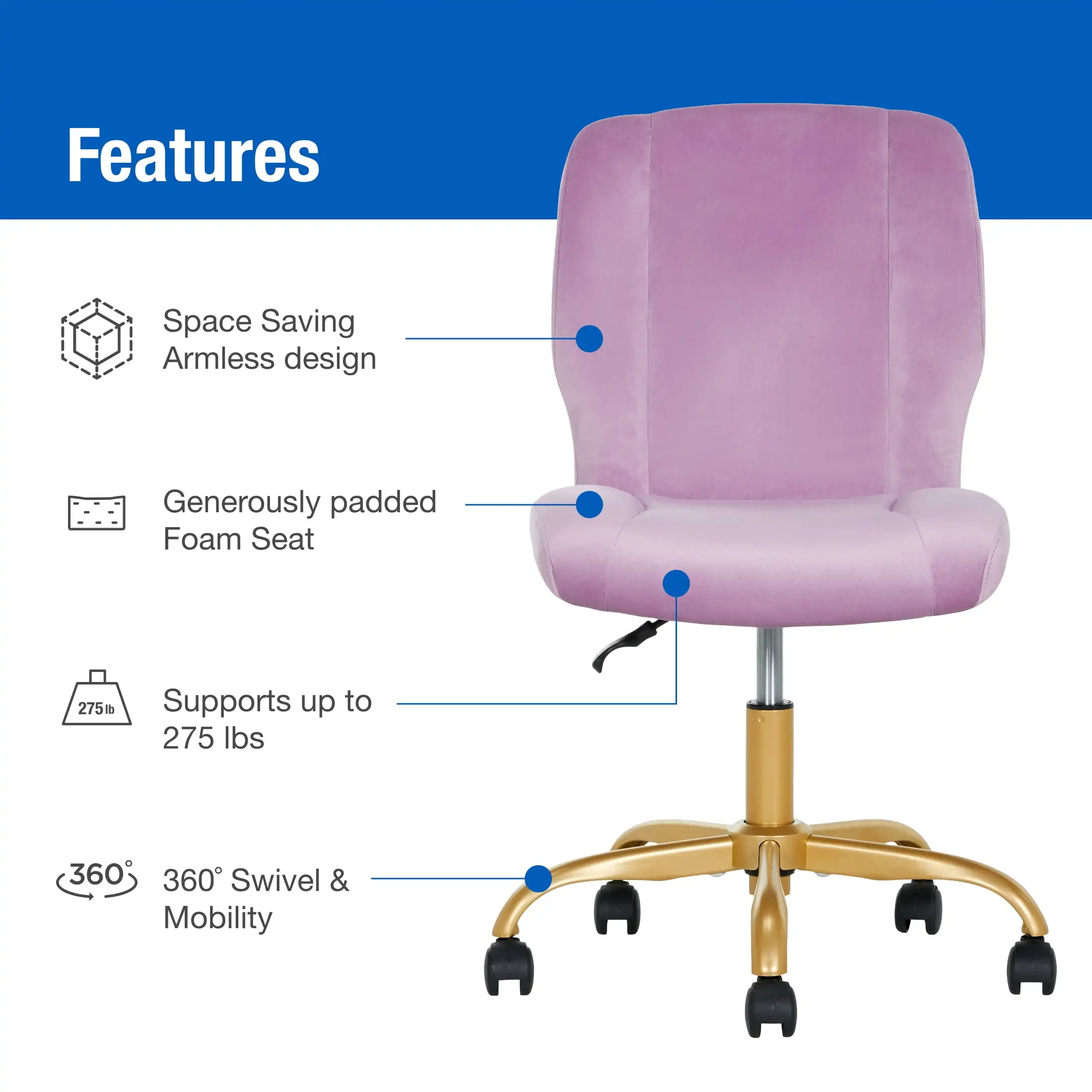 Mainstays Plush Velvet Office Chair, Blush
