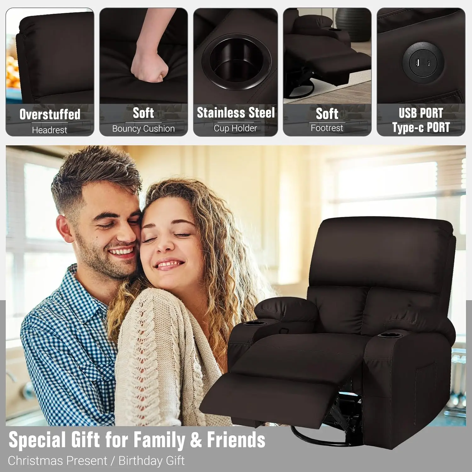 Massage Rocker Recliner Chair with Vibration And Heat USB & Type-C Ports 360° Customizable Rocking Recliner Chair
