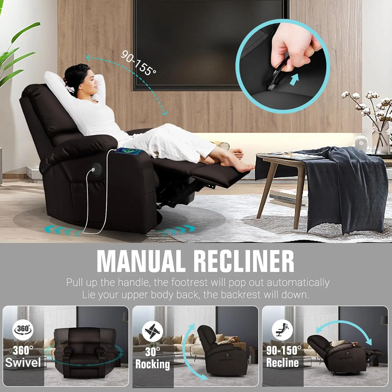 Massage Rocker Recliner Chair with Vibration And Heat USB & Type-C Ports 360° Customizable Rocking Recliner Chair